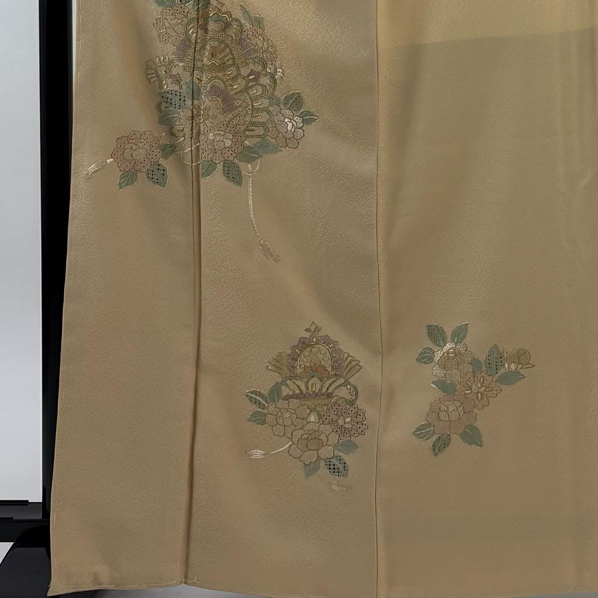 付下 身長167cm 袖長68cm L 雙層 草花紋紋 組紐刺繡 金線 淺茶 純蠶絲 優品級