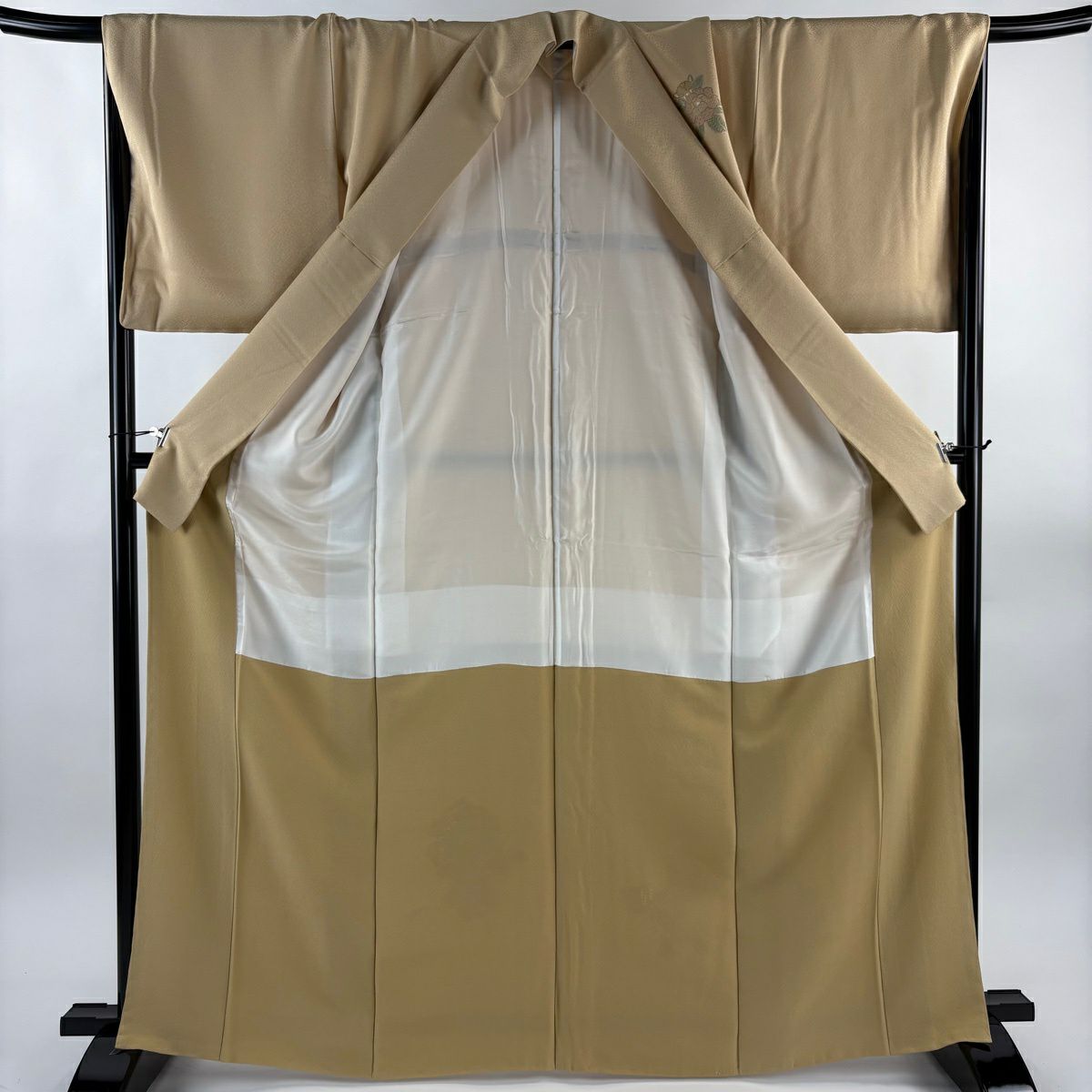 付下 身長167cm 袖長68cm L 雙層 草花紋紋 組紐刺繡 金線 淺茶 純蠶絲 優品級