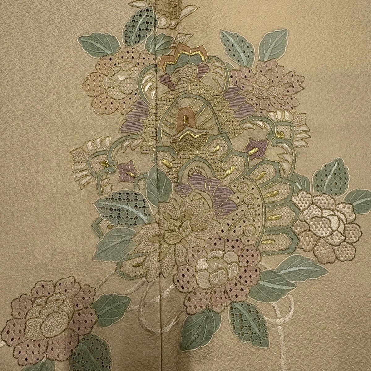 付下 身長167cm 袖長68cm L 雙層 草花紋紋 組紐刺繡 金線 淺茶 純蠶絲 優品級