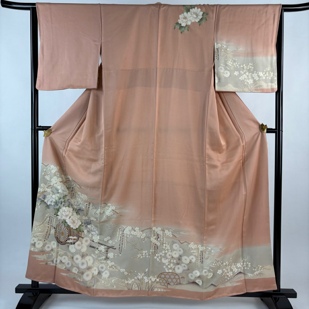 訪問服 身長159.5cm 袖長65cm M 雙層 花車 牡丹 金彩裝飾 漸層 鮭粉色 純蠶絲 優品級