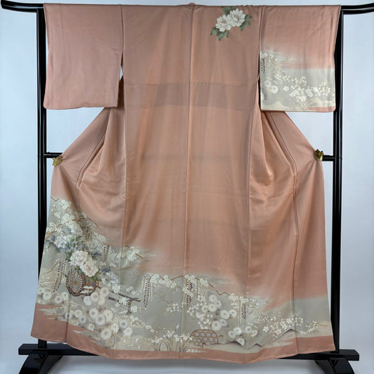 訪問服 身長159.5cm 袖長65cm M 雙層 花車 牡丹 金彩裝飾 漸層 鮭粉色 純蠶絲 優品級