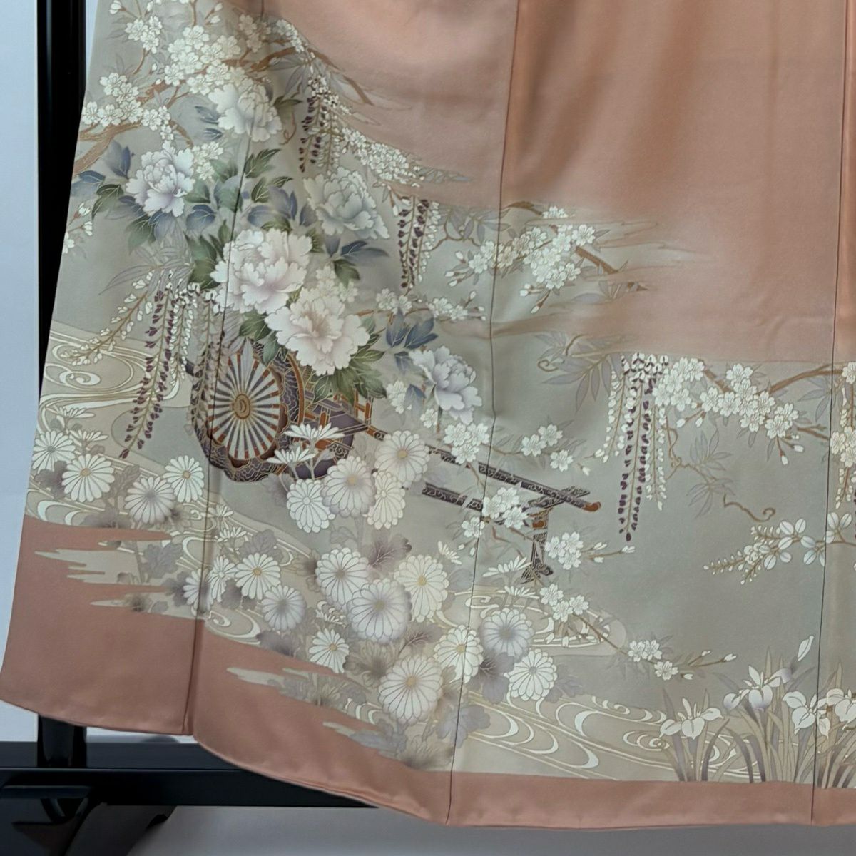訪問服 身長159.5cm 袖長65cm M 雙層 花車 牡丹 金彩裝飾 漸層 鮭粉色 純蠶絲 優品級