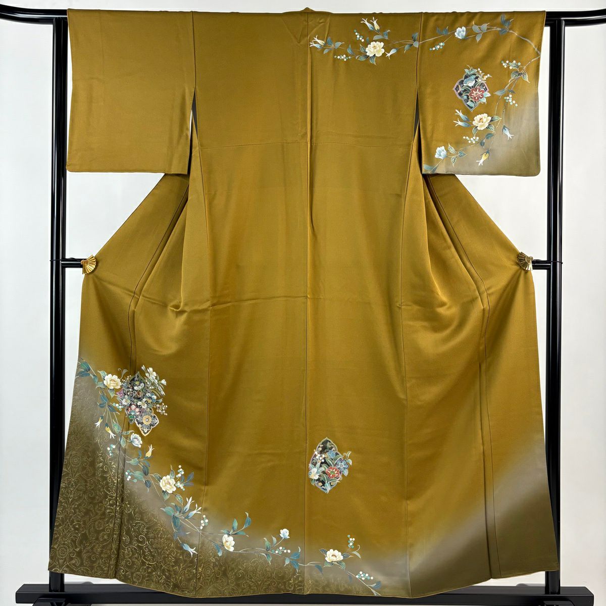訪問服 身長156.5cm 袖長62cm S 雙層 草花紋紋 花唐草紋 螺鈿 金銀彩 山吹茶 純蠶絲 秀品級