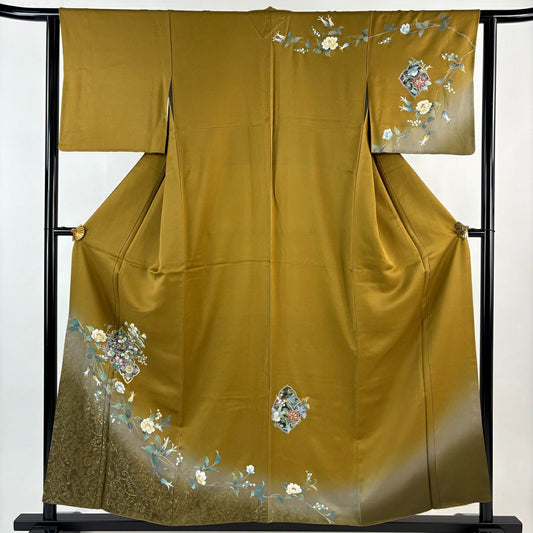 訪問服 身長156.5cm 袖長62cm S 雙層 草花紋紋 花唐草紋 螺鈿 金銀彩 山吹茶 純蠶絲 秀品級