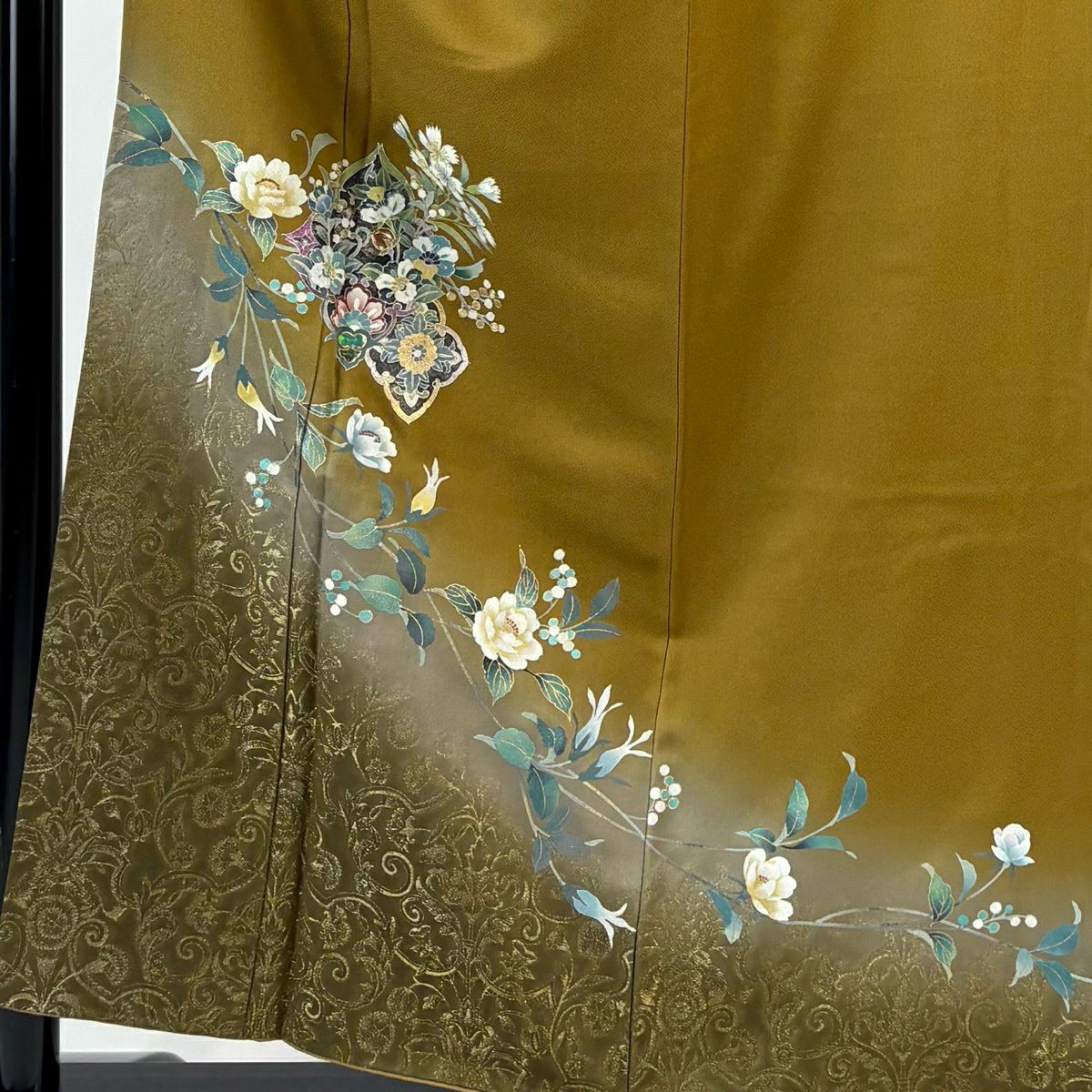 訪問服 身長156.5cm 袖長62cm S 雙層 草花紋紋 花唐草紋 螺鈿 金銀彩 山吹茶 純蠶絲 秀品級