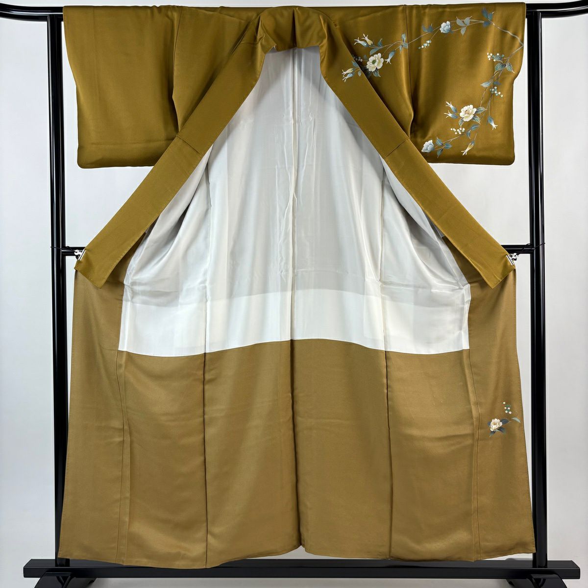 訪問服 身長156.5cm 袖長62cm S 雙層 草花紋紋 花唐草紋 螺鈿 金銀彩 山吹茶 純蠶絲 秀品級