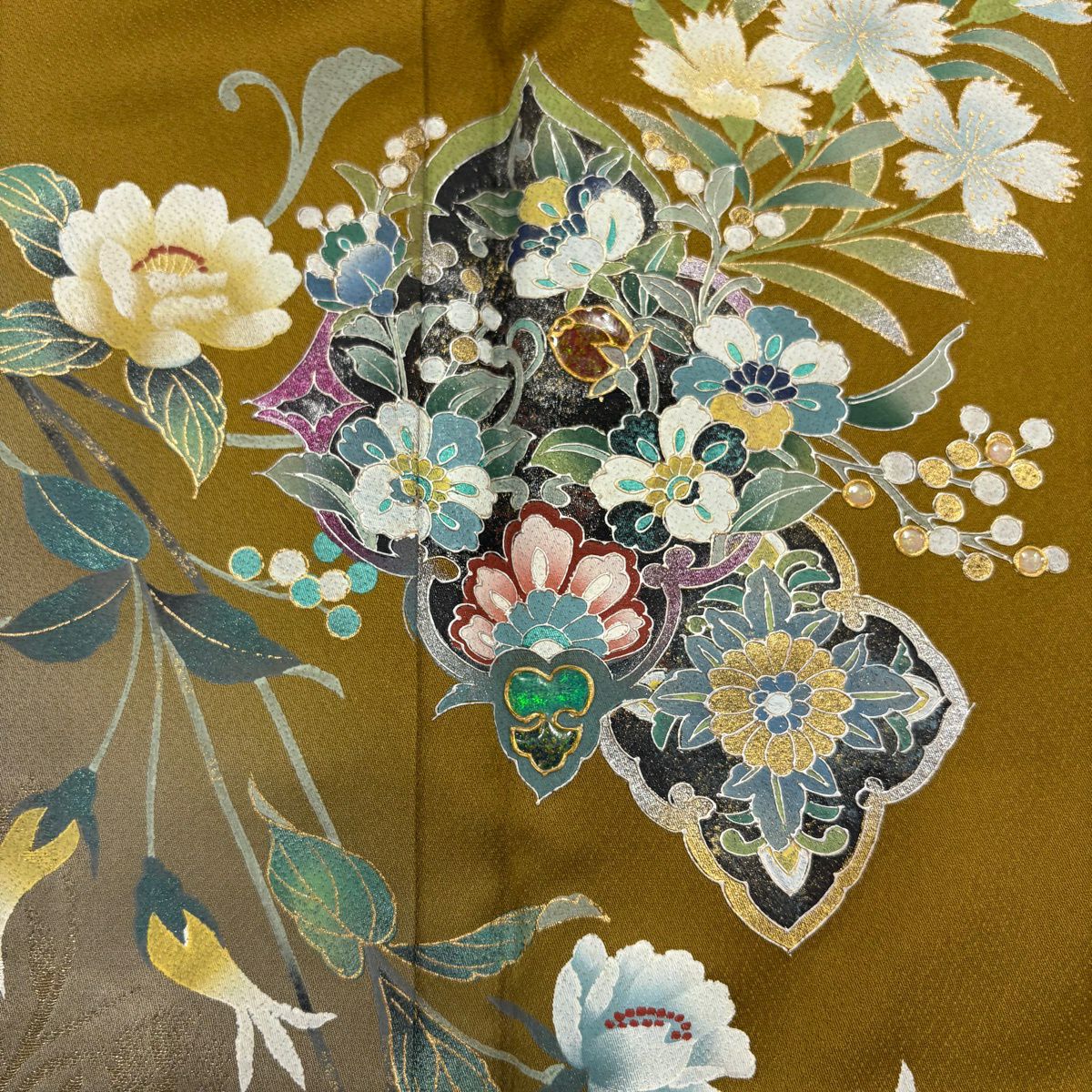 訪問服 身長156.5cm 袖長62cm S 雙層 草花紋紋 花唐草紋 螺鈿 金銀彩 山吹茶 純蠶絲 秀品級