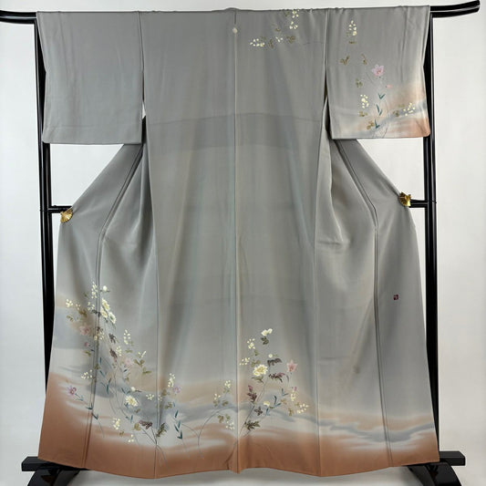 訪問服 身長160cm 袖長66cm M 雙層 落款有 枝花 霞 漸變 灰 純蠶絲 秀品級 一個紋