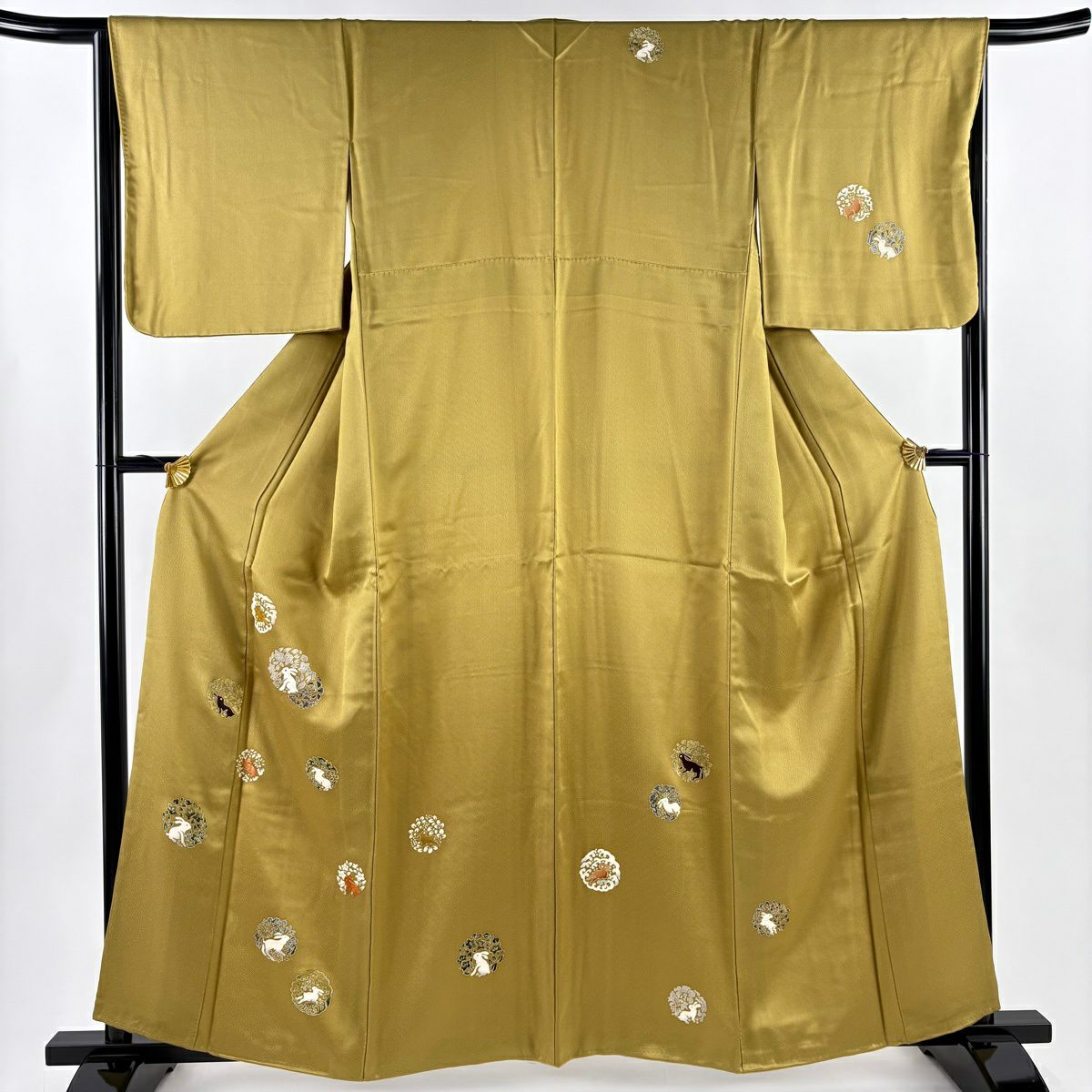 付下 身長160cm 袖長64.5cm M 雙層 花兔 波頭 金絲 刺繡 黃土 純蠶絲 優品級