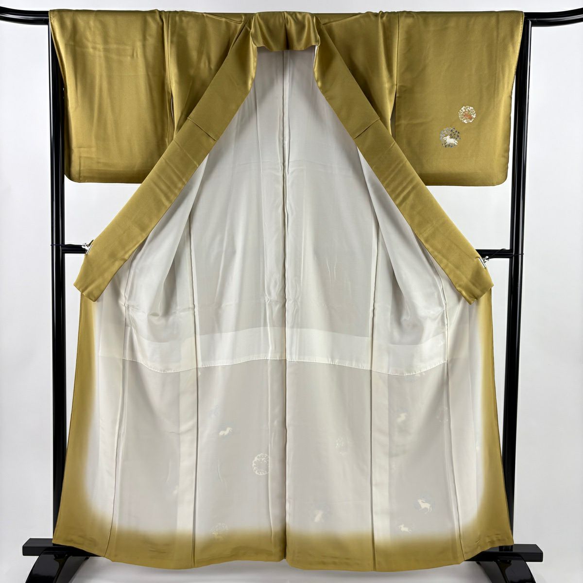付下 身長160cm 袖長64.5cm M 雙層 花兔 波頭 金絲 刺繡 黃土 純蠶絲 優品級