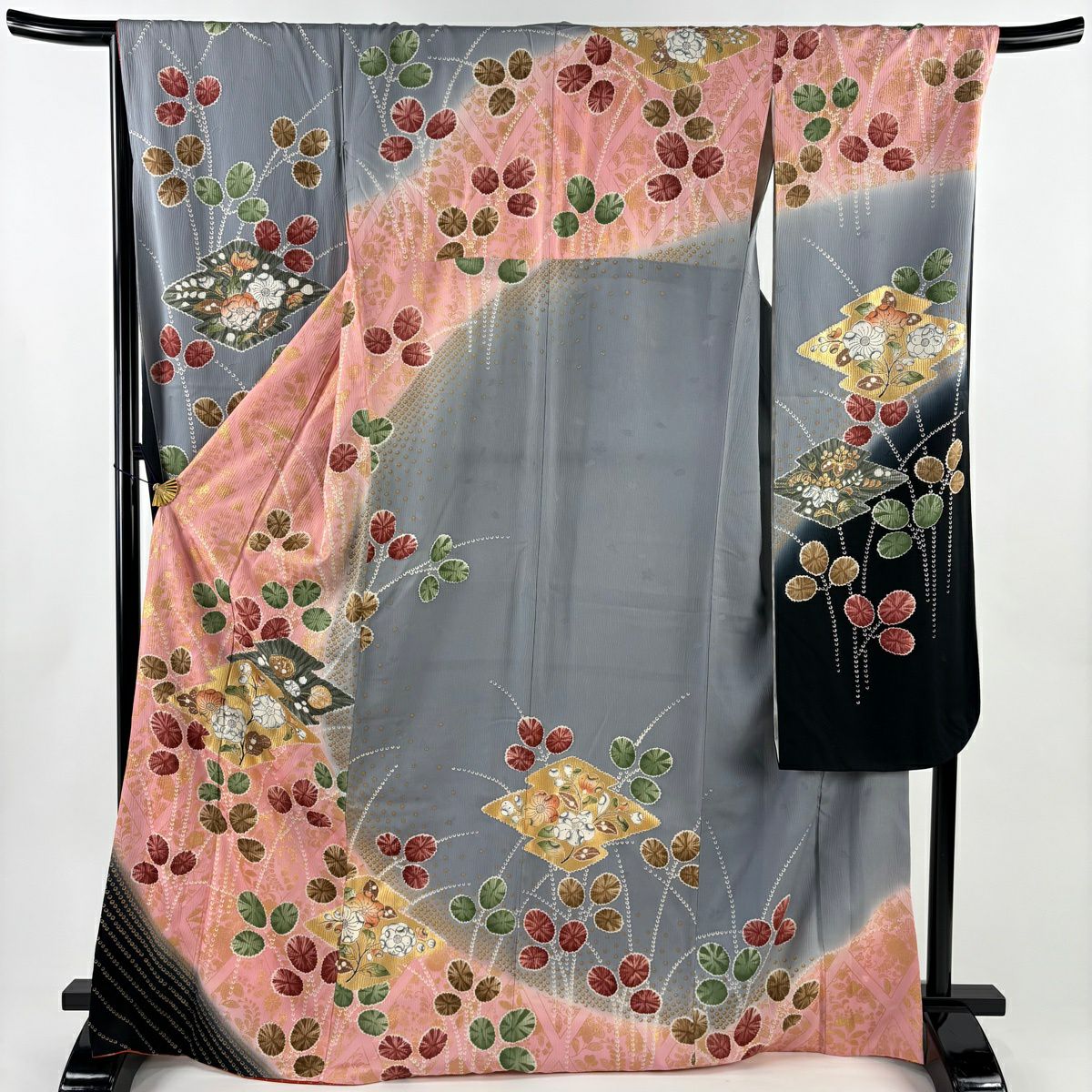 振袖禮服 身長168.5cm 袖長67cm M 雙層 辻花染 幾何圖案 金彩裝飾 粉紅 純蠶絲 優品級