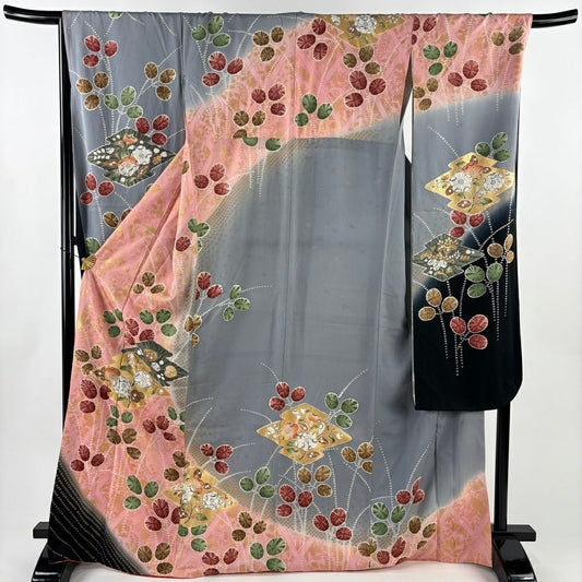 振袖禮服 身長168.5cm 袖長67cm M 雙層 辻花染 幾何圖案 金彩裝飾 粉紅 純蠶絲 優品級