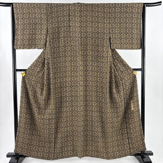 【美品】 小紋 身長159cm 袖長63.5cm S 雙層 落款あり 華紋 茶 純蠶絲 秀品級