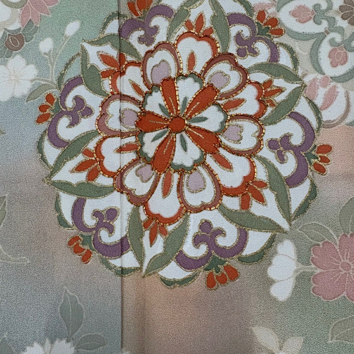 訪問服 身長158cm 袖長63.5cm S 雙層 華紋 草花紋紋 金絲 金銀彩 淺橙色 純蠶絲 優品級