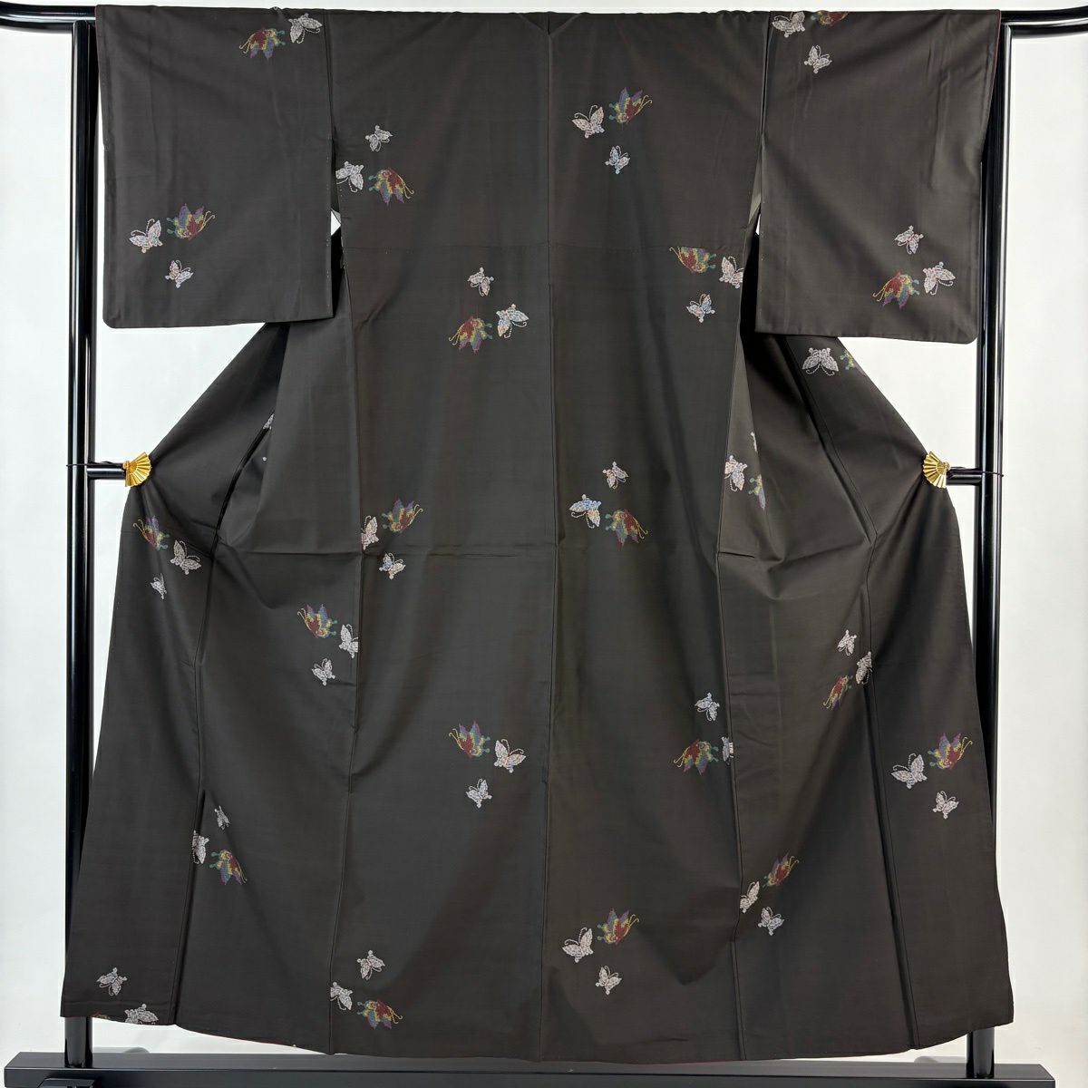 【美品】 紬織 身長156cm 袖長63.5cm S 雙層 蝶 焦茶 純蠶絲 秀品級