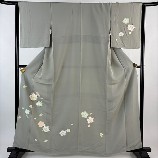 付下 身長161cm 袖長64.5cm M 雙層 梅花 楓 金銀彩 灰綠 純蠶絲 秀品級