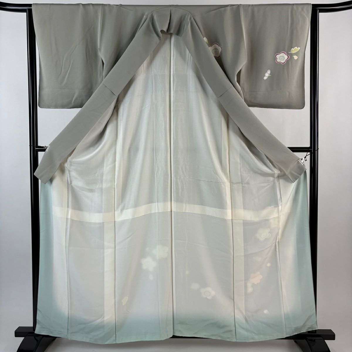 付下 身長161cm 袖長64.5cm M 雙層 梅花 楓 金銀彩 灰綠 純蠶絲 秀品級