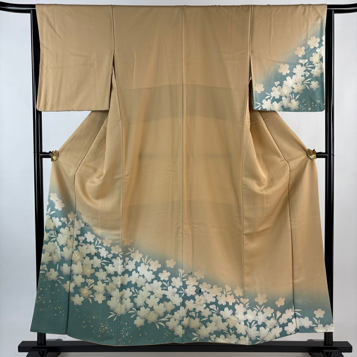 付下 身長153.5cm 袖長64.5cm M 雙層 櫻花 蝴蝶 螺鈿 金銀彩 淺茶 純蠶絲 優品級