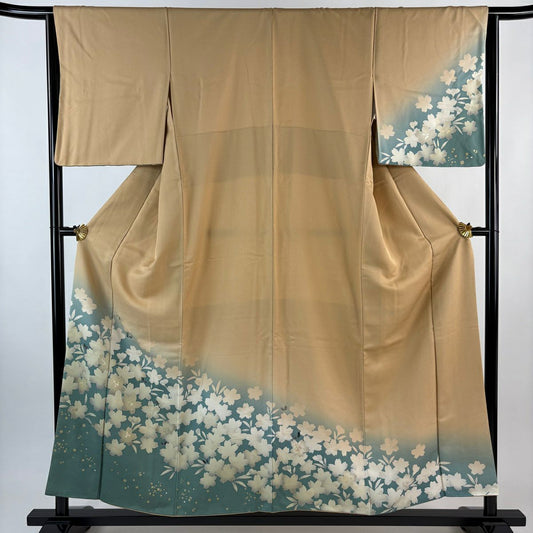 付下 身長153.5cm 袖長64.5cm M 雙層 櫻花 蝴蝶 螺鈿 金銀彩 淺茶 純蠶絲 優品級
