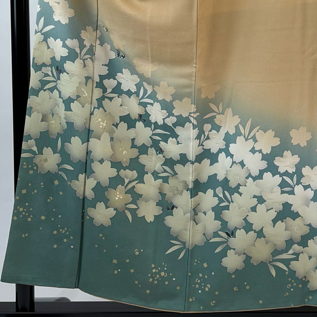 付下 身長153.5cm 袖長64.5cm M 雙層 櫻花 蝴蝶 螺鈿 金銀彩 淺茶 純蠶絲 優品級