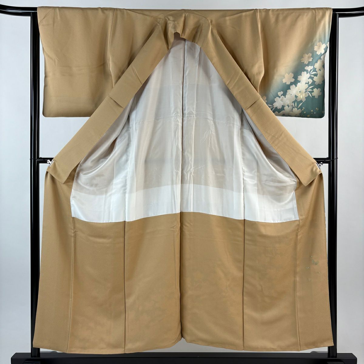 付下 身長153.5cm 袖長64.5cm M 雙層 櫻花 蝴蝶 螺鈿 金銀彩 淺茶 純蠶絲 優品級