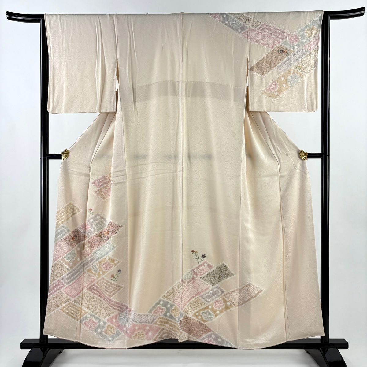 訪問服 身長154cm 袖長64.5cm M 雙層 草花紋紋 花唐草紋 絞染 刺繡 淺粉紅 純蠶絲 優品級