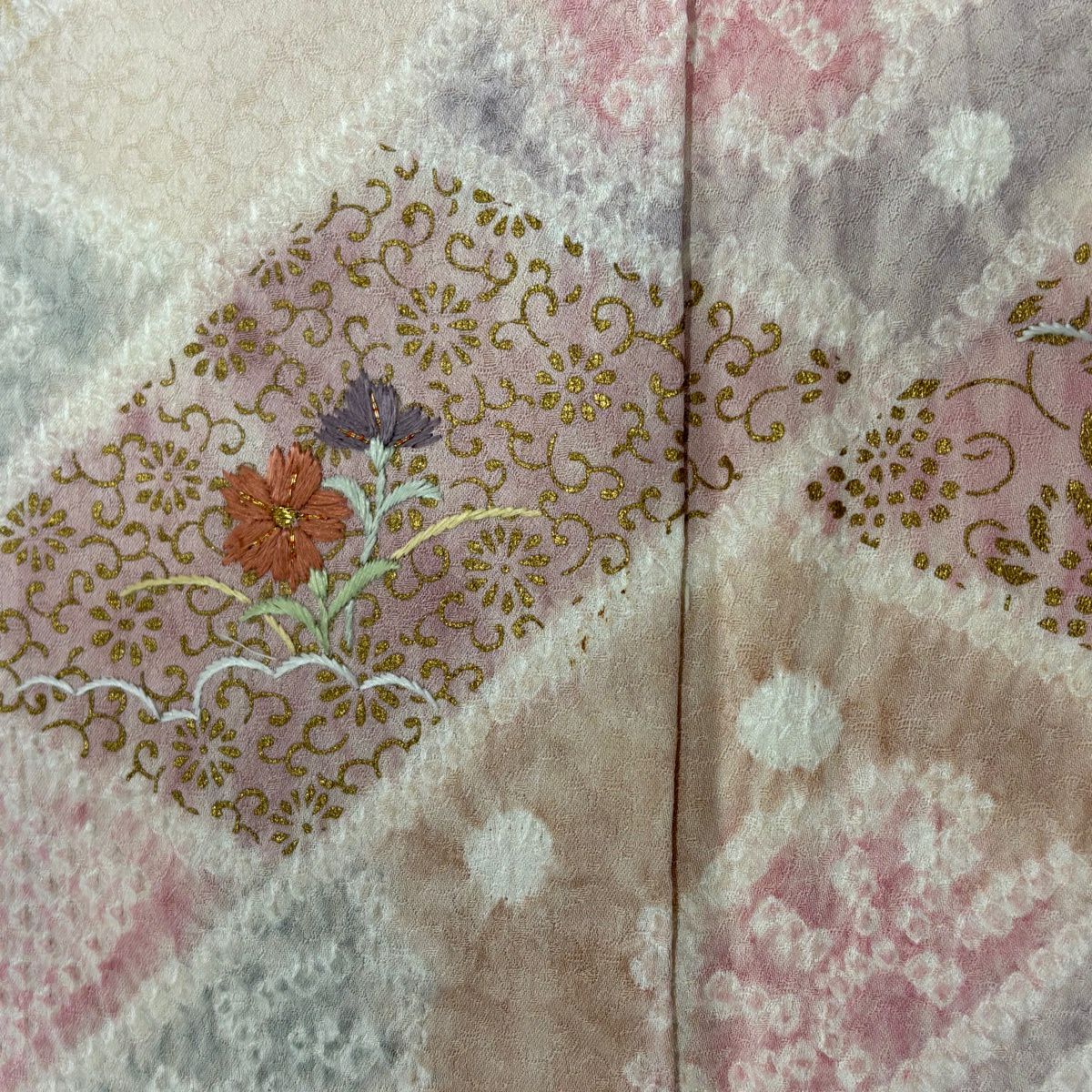 訪問服 身長154cm 袖長64.5cm M 雙層 草花紋紋 花唐草紋 絞染 刺繡 淺粉紅 純蠶絲 優品級