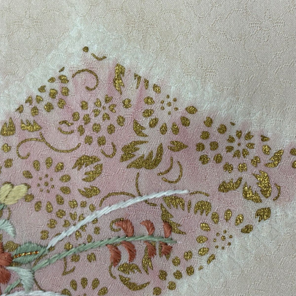 訪問服 身長154cm 袖長64.5cm M 雙層 草花紋紋 花唐草紋 絞染 刺繡 淺粉紅 純蠶絲 優品級