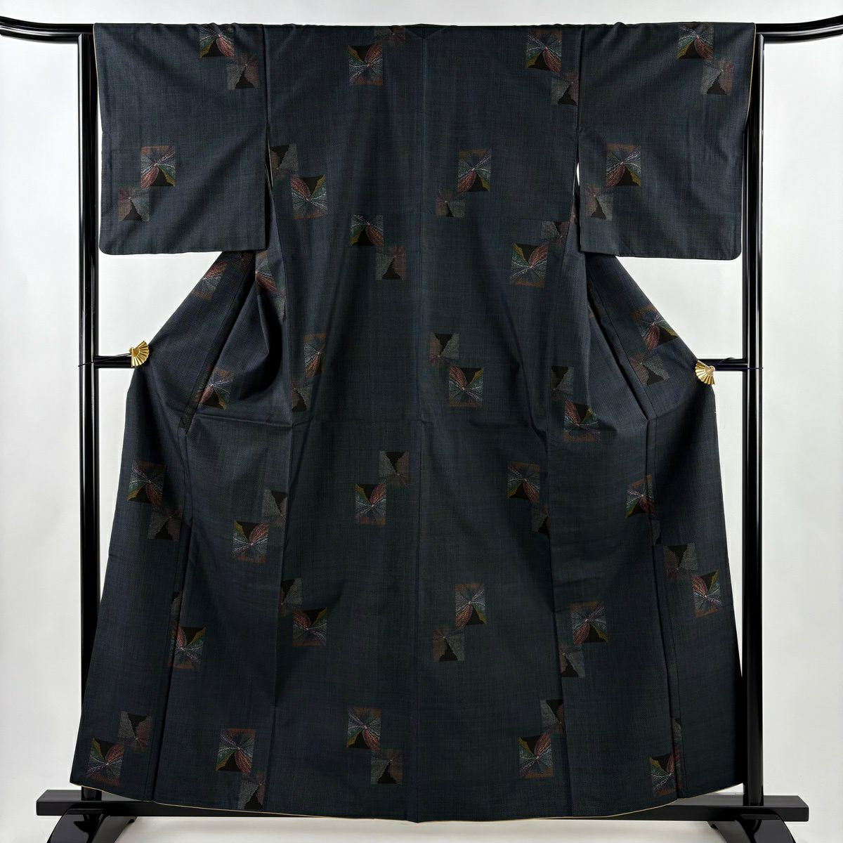 【美品】 紬織 身長160cm 袖長64cm M 雙層 色紙 花 深藍 純蠶絲 秀品級