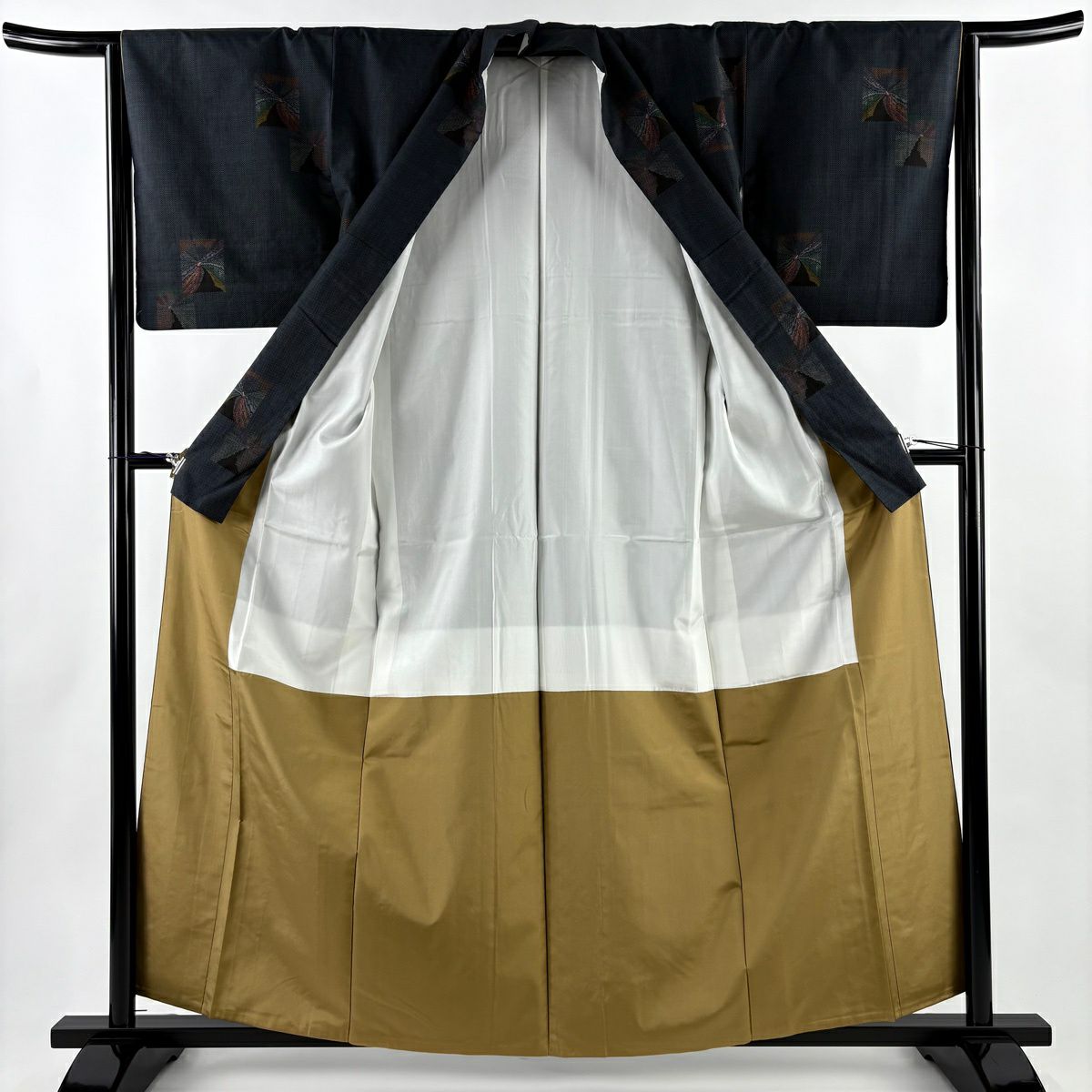 【美品】 紬織 身長160cm 袖長64cm M 雙層 色紙 花 深藍 純蠶絲 秀品級