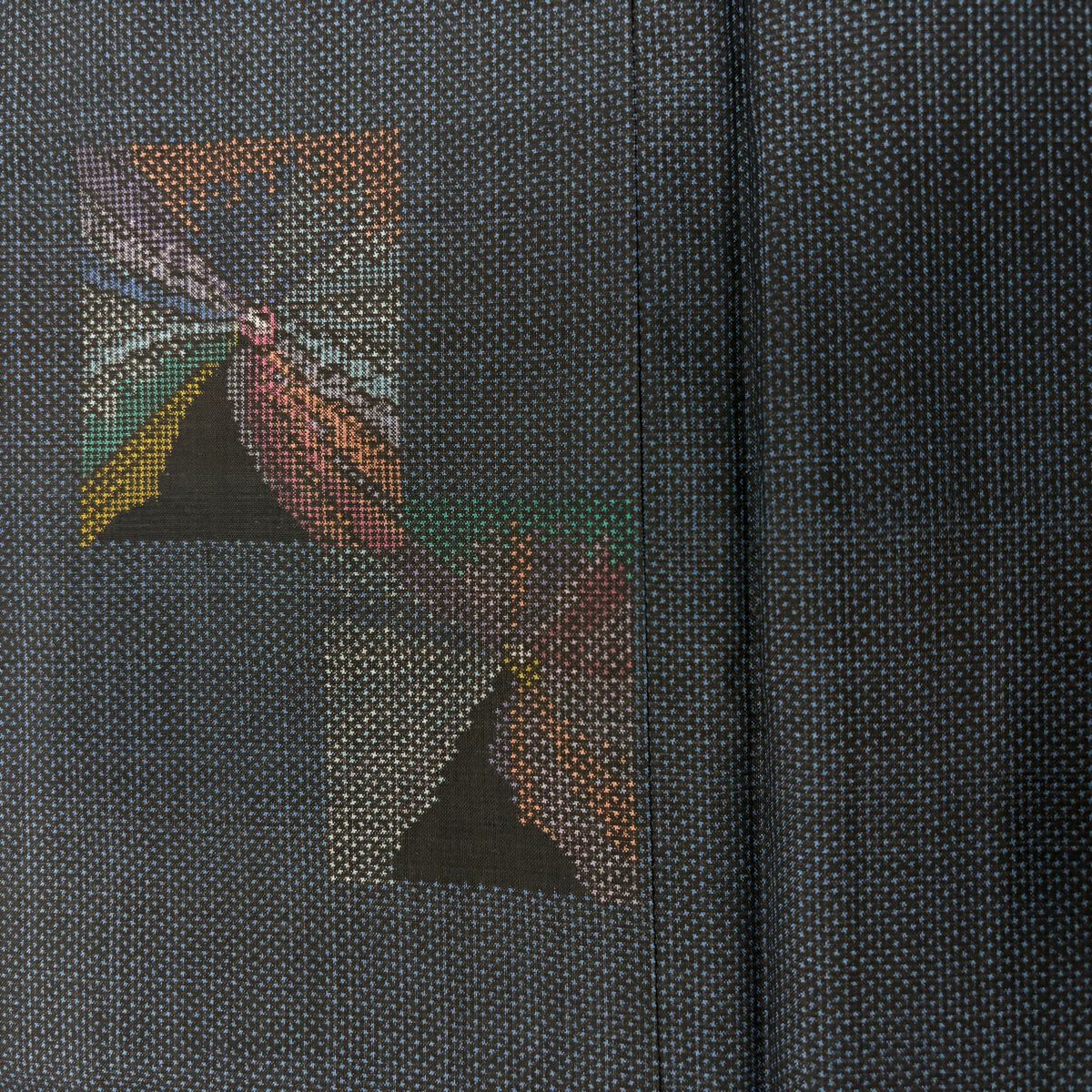 【美品】 紬織 身長160cm 袖長64cm M 雙層 色紙 花 深藍 純蠶絲 秀品級