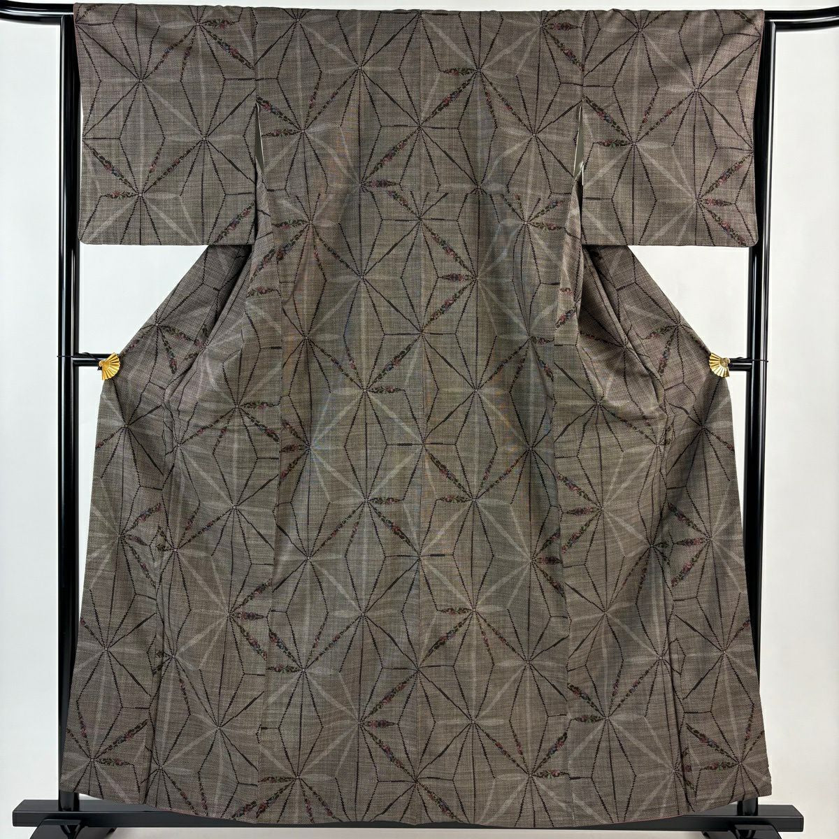【美品】 紬織 身長160cm 袖長64.5cm M 雙層 麻葉 花唐草紋 茶 純蠶絲 秀品級