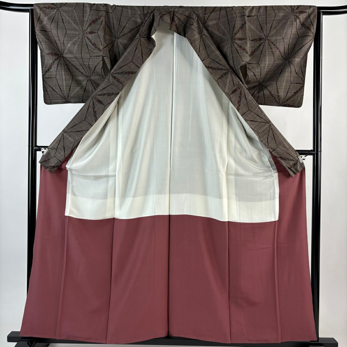 【美品】 紬織 身長160cm 袖長64.5cm M 雙層 麻葉 花唐草紋 茶 純蠶絲 秀品級