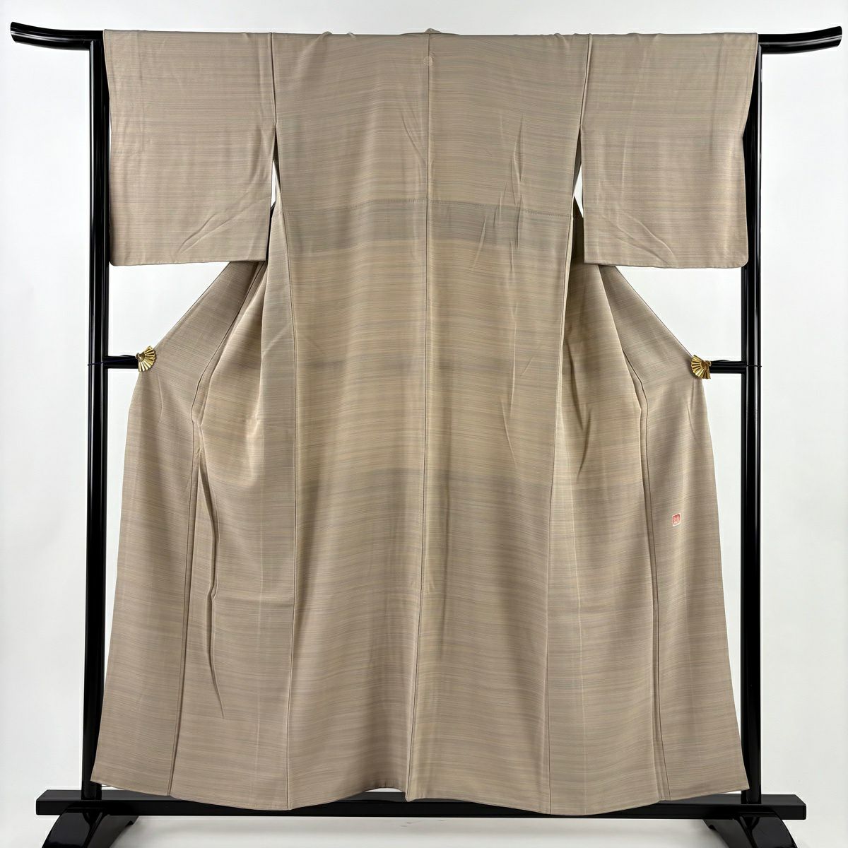 小紋 身長155.5cm 袖長65cm M 雙層 落款あり 縞 薄茶 純蠶絲 秀品級 一つ紋