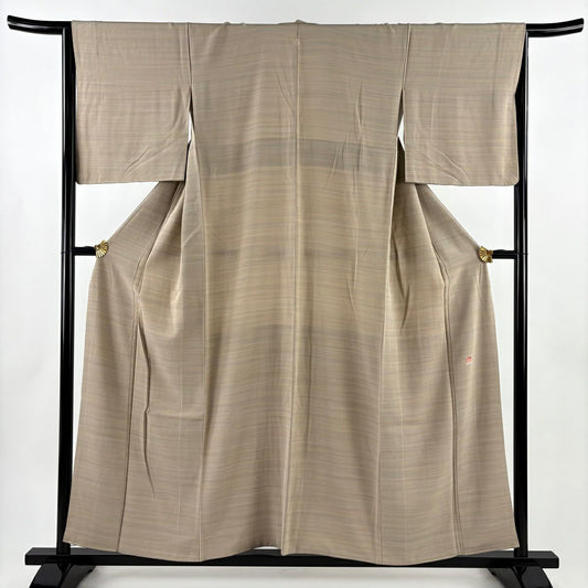 小紋 身長155.5cm 袖長65cm M 雙層 落款あり 縞 薄茶 純蠶絲 秀品級 一つ紋