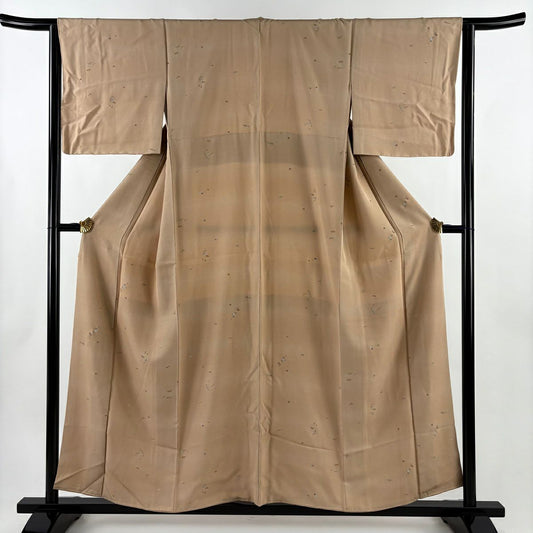 【美品】 小紋 身長155cm 袖長64cm M 雙層 草花紋紋 笹 金銀彩 米色 純蠶絲 優品級