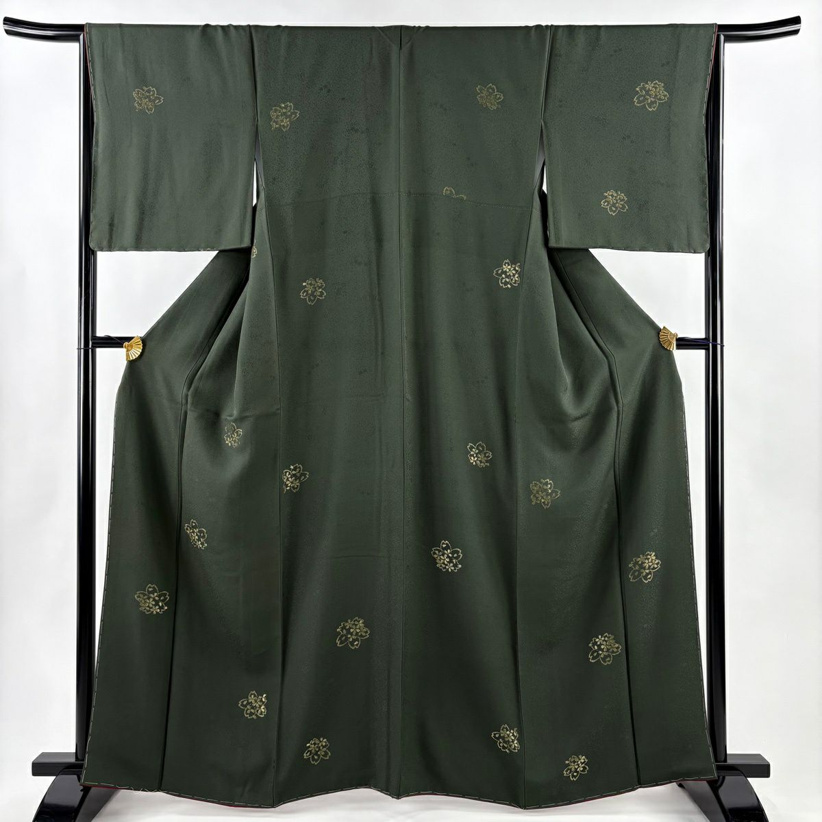 小紋 身長163.5cm 袖長66.5cm M 雙層 樱花 樱花花瓣 金線 深綠 純蠶絲 優品級
