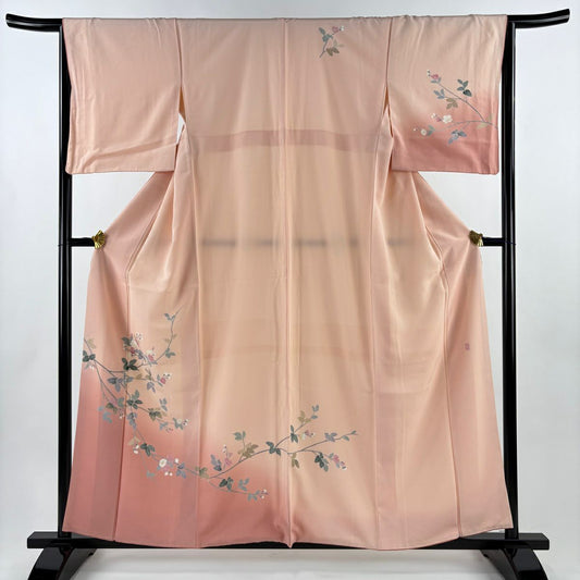【美品】 付下 身長159cm 袖長66cm M 雙層 ますいわ屋 落款あり 枝花 漸層 淺粉色 純蠶絲 優品級