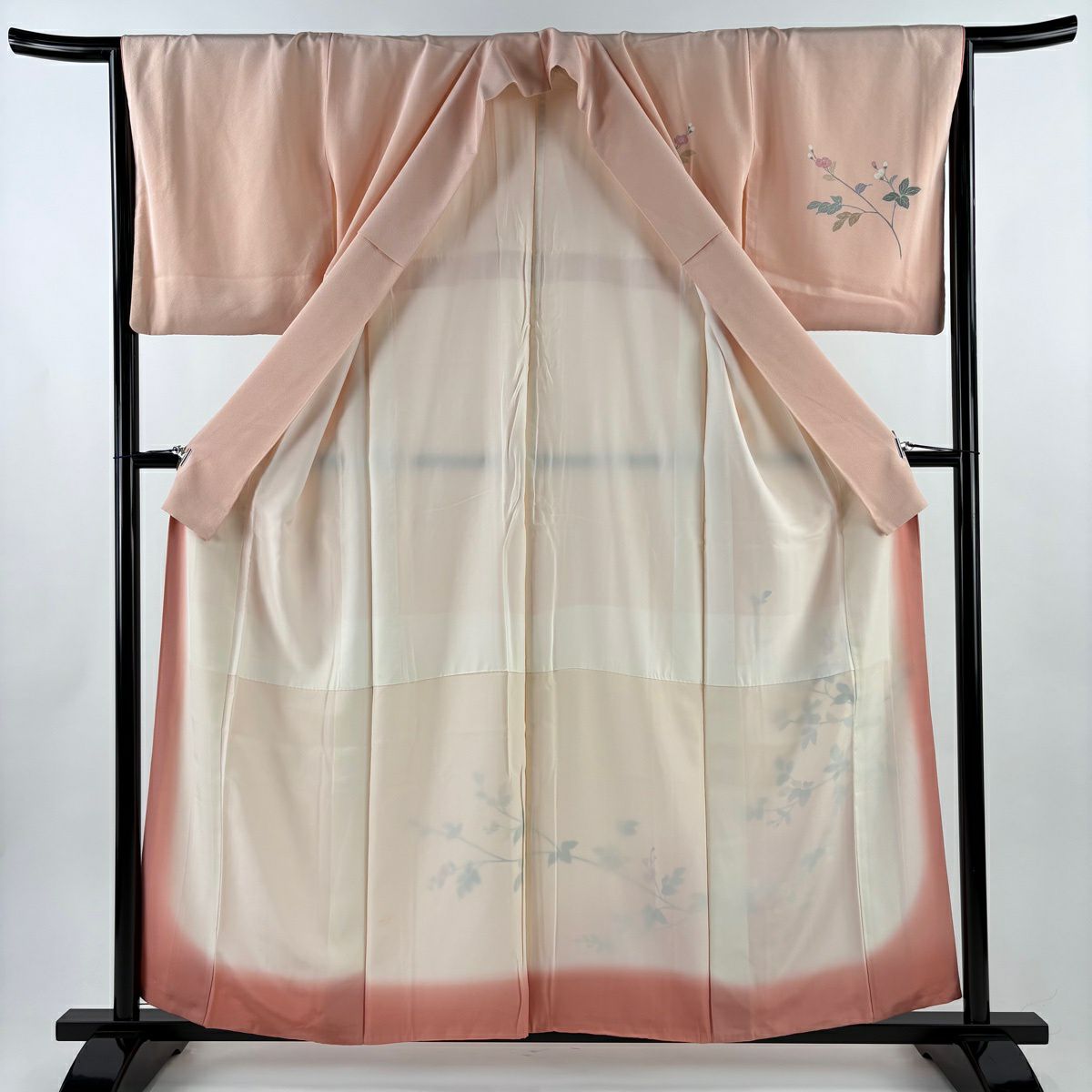 【美品】 付下 身長159cm 袖長66cm M 雙層 ますいわ屋 落款あり 枝花 漸層 淺粉色 純蠶絲 優品級