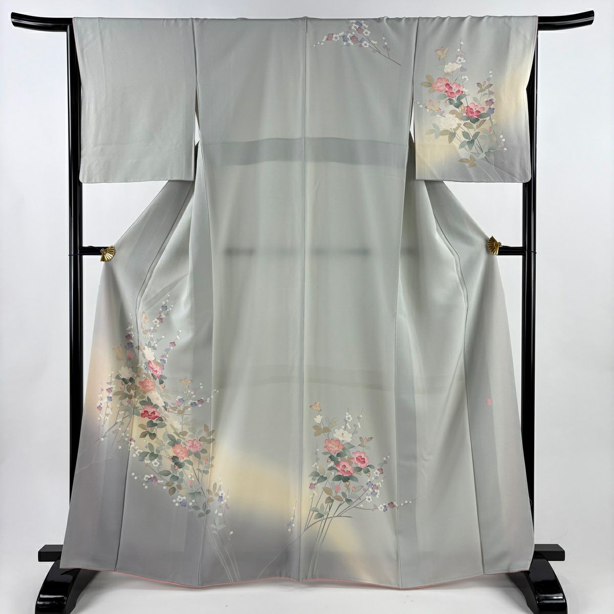 【美品】訪問服 身長166cm 袖長66.5cm M 雙層 落款あり 枝花 枝梅花 染分 ぼかし 灰色 純蠶絲 秀品級