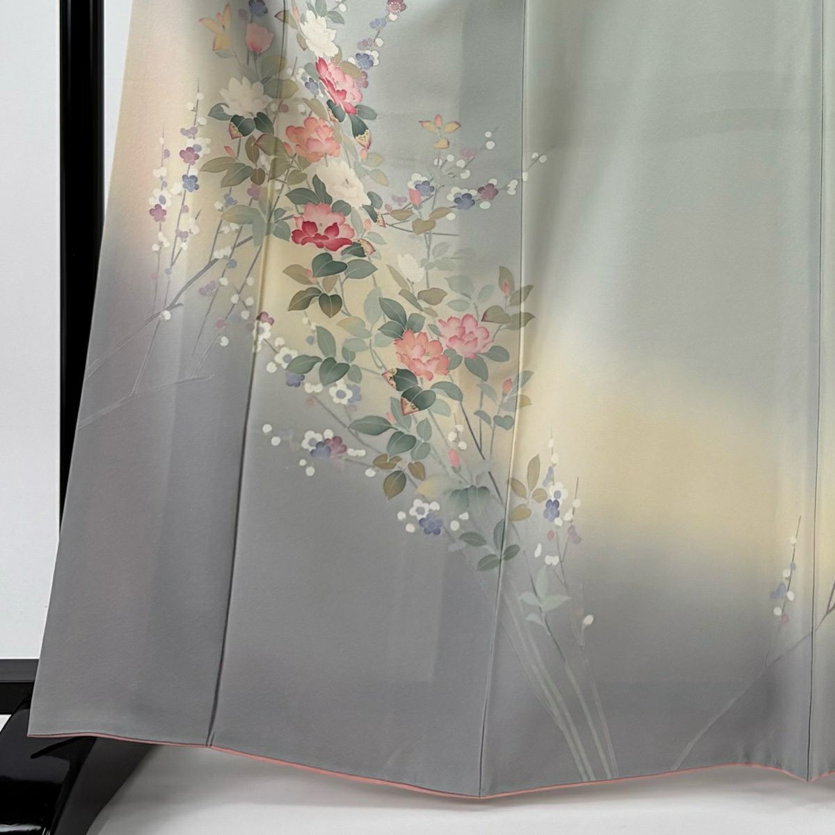 【美品】訪問服 身長166cm 袖長66.5cm M 雙層 落款あり 枝花 枝梅花 染分 ぼかし 灰色 純蠶絲 秀品級