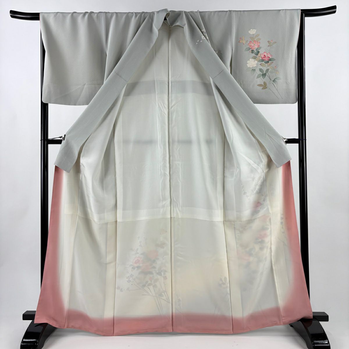 【美品】訪問服 身長166cm 袖長66.5cm M 雙層 落款あり 枝花 枝梅花 染分 ぼかし 灰色 純蠶絲 秀品級