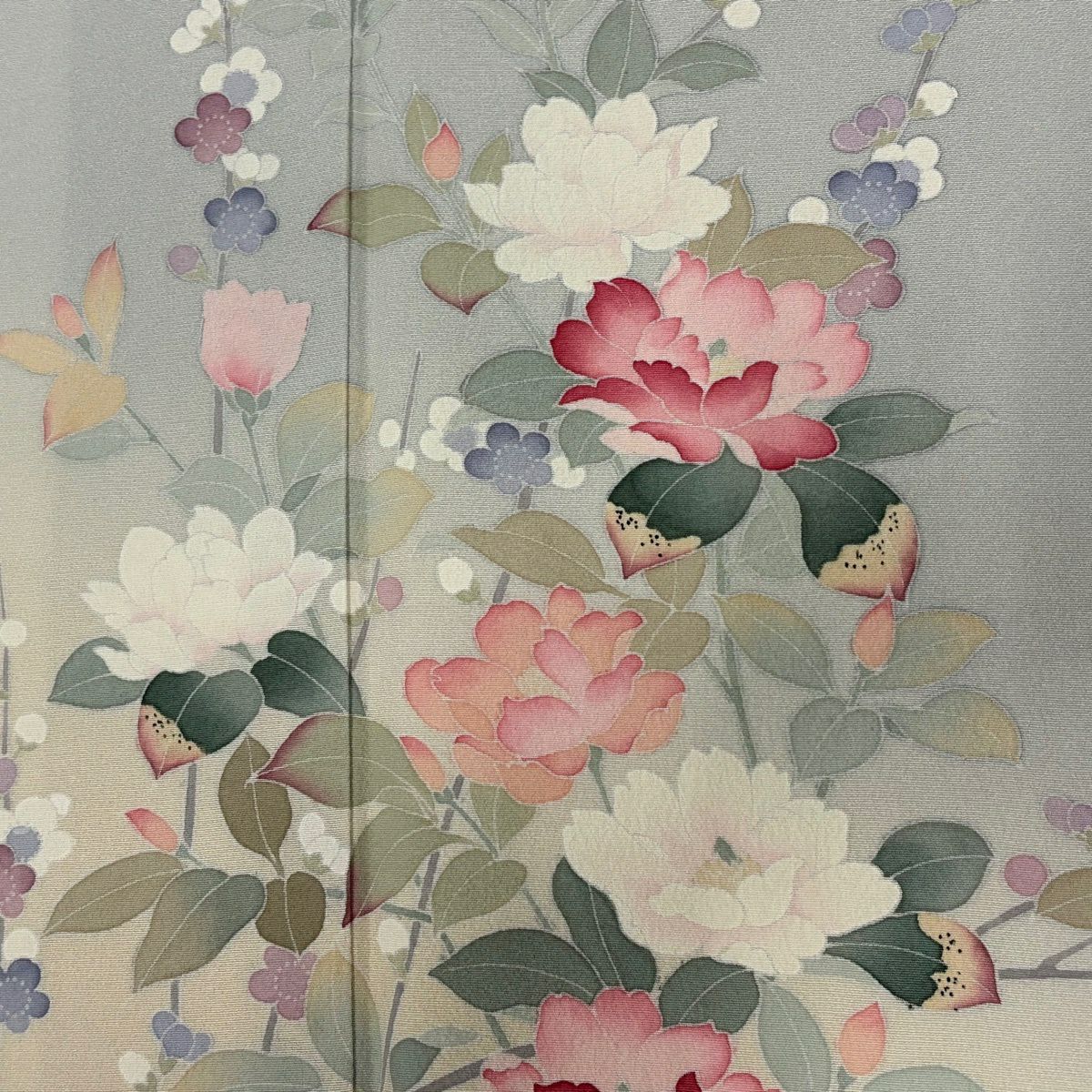 【美品】訪問服 身長166cm 袖長66.5cm M 雙層 落款あり 枝花 枝梅花 染分 ぼかし 灰色 純蠶絲 秀品級