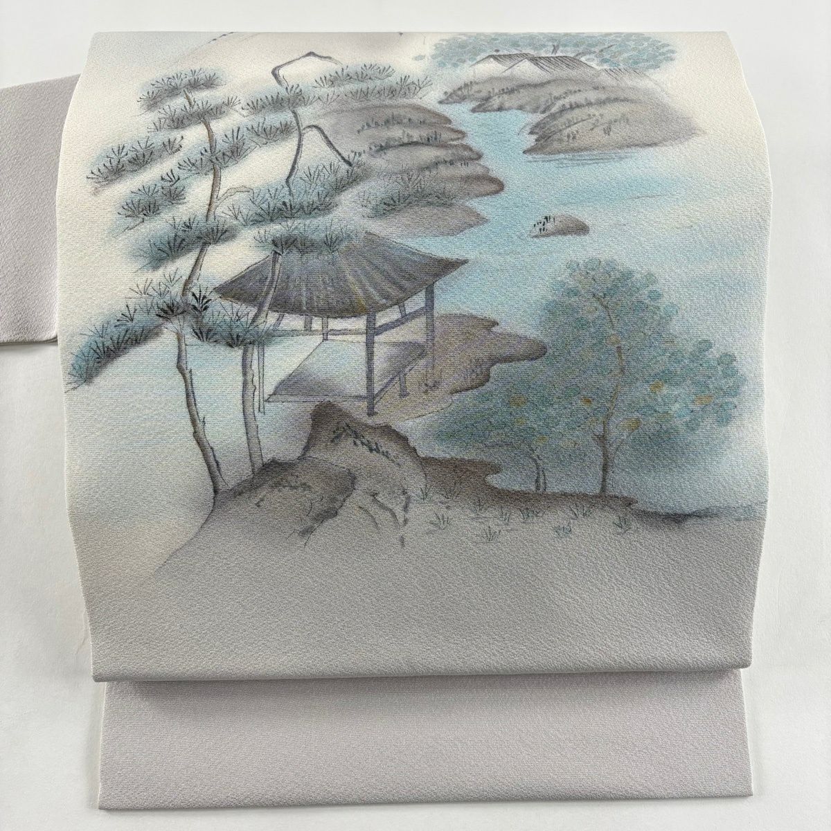 名古屋帶 秀品級 附落款 風景 建築 漸層 灰紫 純蠶絲