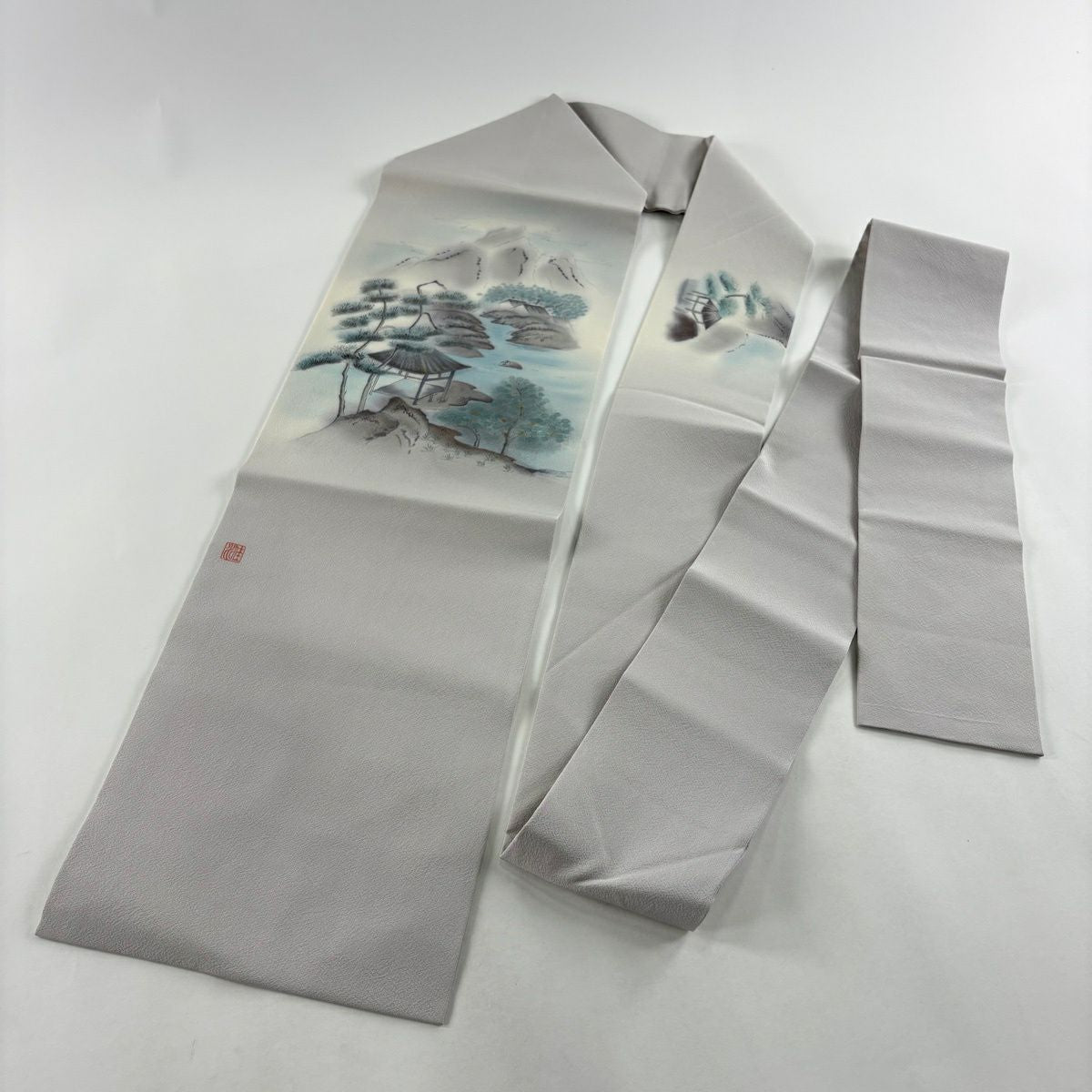 名古屋帶 秀品級 附落款 風景 建築 漸層 灰紫 純蠶絲