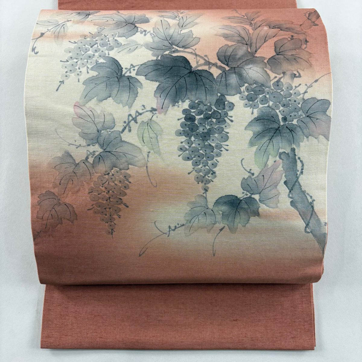 【美品】 開口名古屋帶 優品級 附落款 紬織織 葡萄 霞 漸層 鮭粉色 純蠶絲