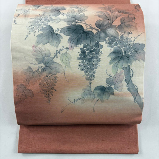 【美品】 開口名古屋帶 優品級 附落款 紬織織 葡萄 霞 漸層 鮭粉色 純蠶絲