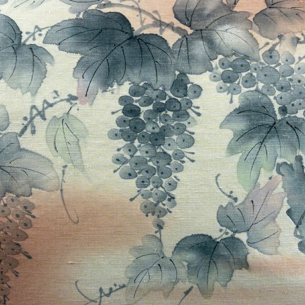 【美品】 開口名古屋帶 優品級 附落款 紬織織 葡萄 霞 漸層 鮭粉色 純蠶絲