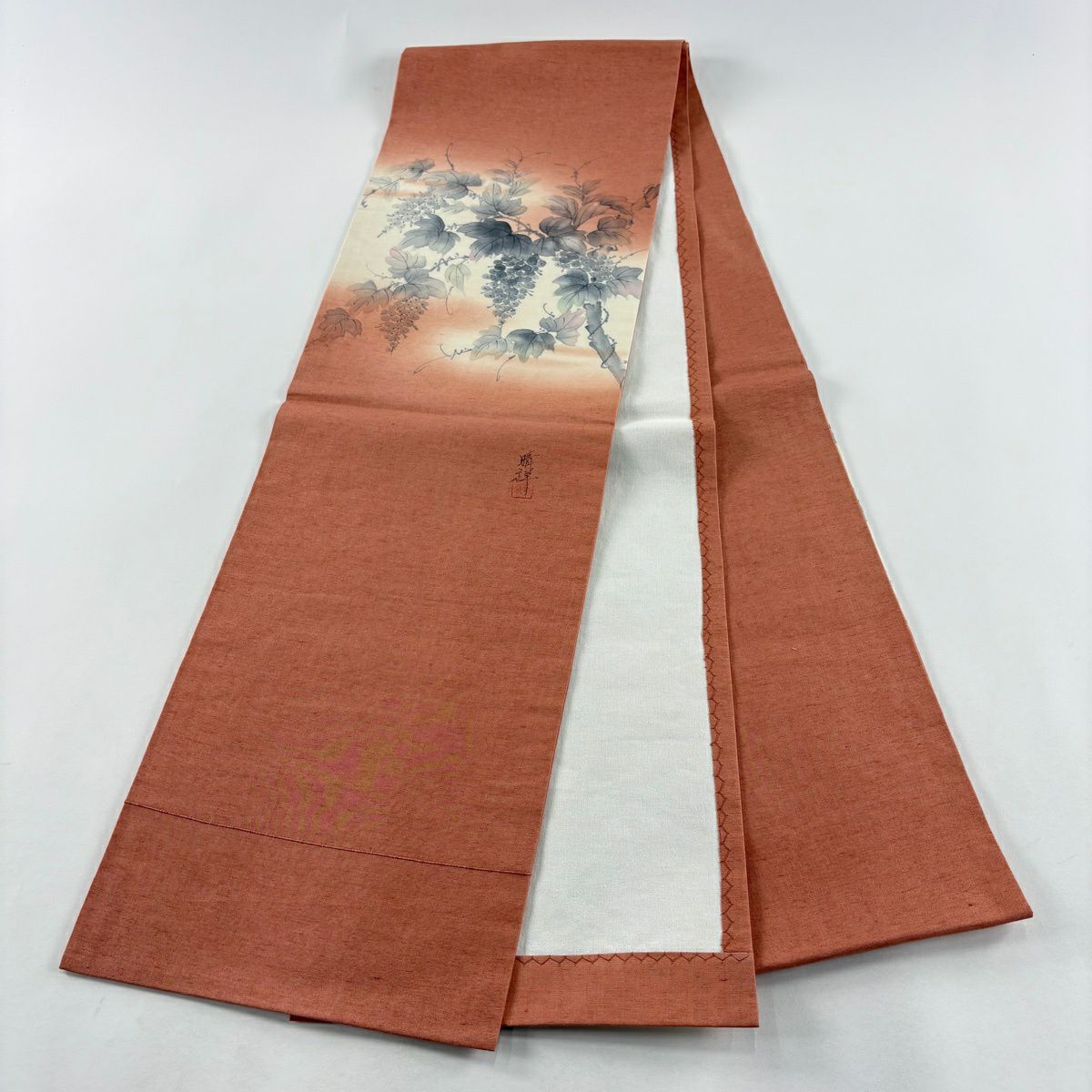 【美品】 開口名古屋帶 優品級 附落款 紬織織 葡萄 霞 漸層 鮭粉色 純蠶絲