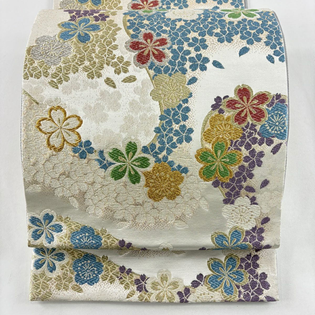【美品】 袋帶 秀品級 樱花 樱花花瓣 金銀彩 金金箔 奶油 六通 純蠶絲